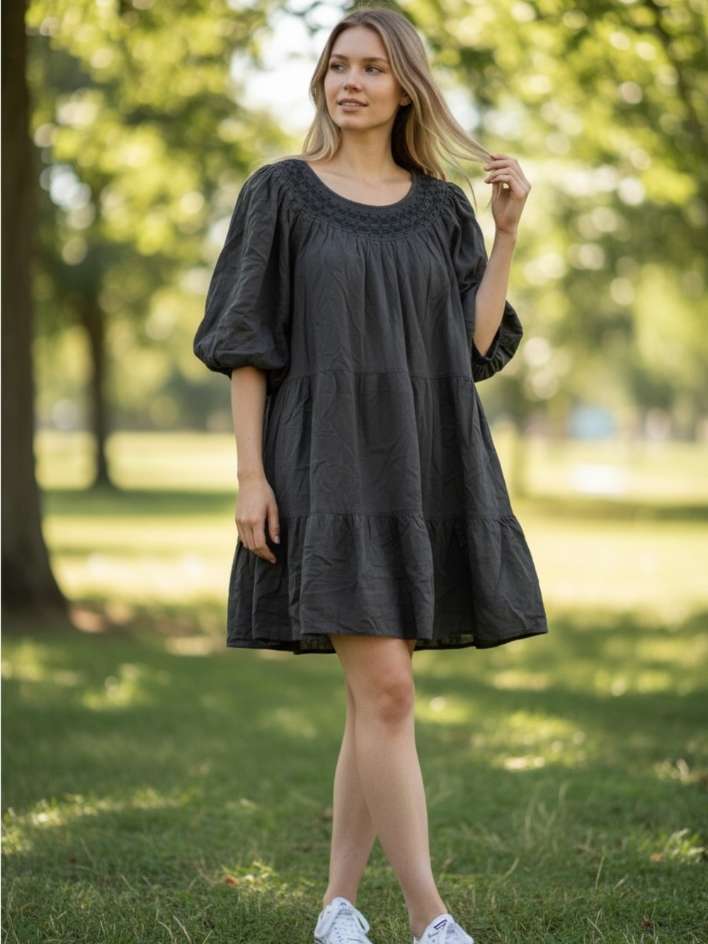Old Navy Charcoal Puff-Sleeve Tiered Mini Dress